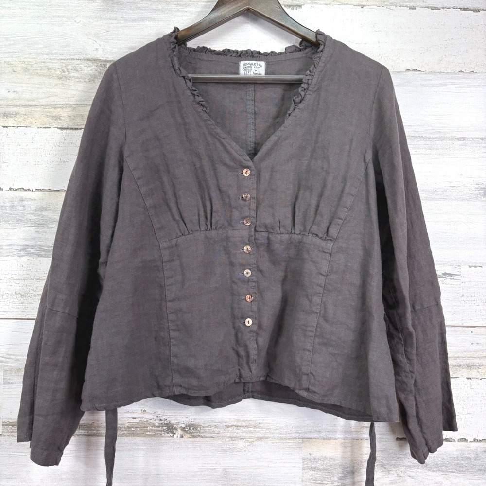 Completo Lino by Arthurio Women's Gray Linen Ruffle Neck Tie Waist Blouse Top L
